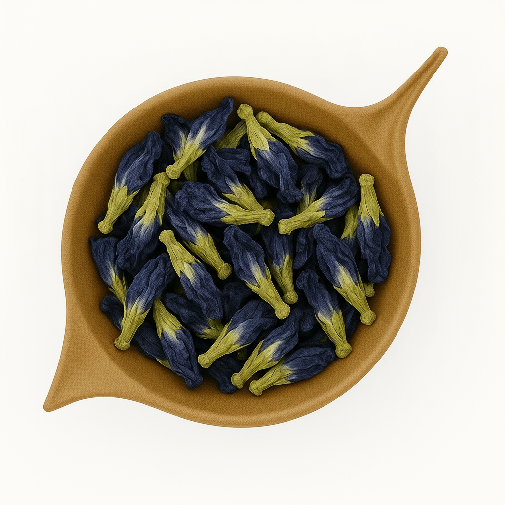 Butterfly pea flowers in a leaf-shaped bowl on a white background